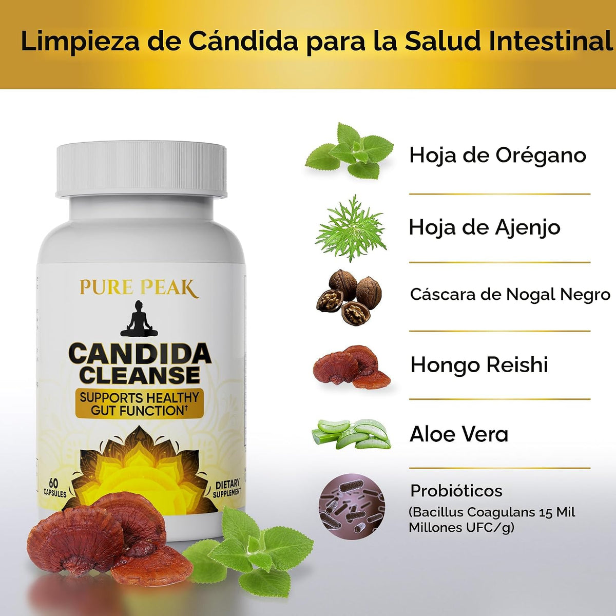 Candida Cleanse - ingredientes: hoja de orégano, hoja de ajenjo, cáscara de nogal negro, hongo reishi, aloe vera, probióticos