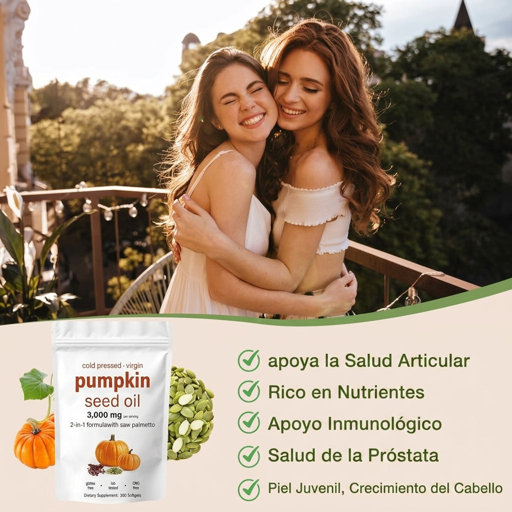 Aceite de Semilla de Calabaza - apoya la salud articular, rico en nutrientes, apoyo inmunológico, salud de la próstata, piel juvenil y crecimiento del cabello