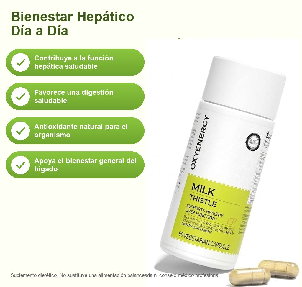 Milk Thistle OxyEnergy - beneficios: función hepática saludable, digestión saludable, antioxidante natural, bienestar general del hígado